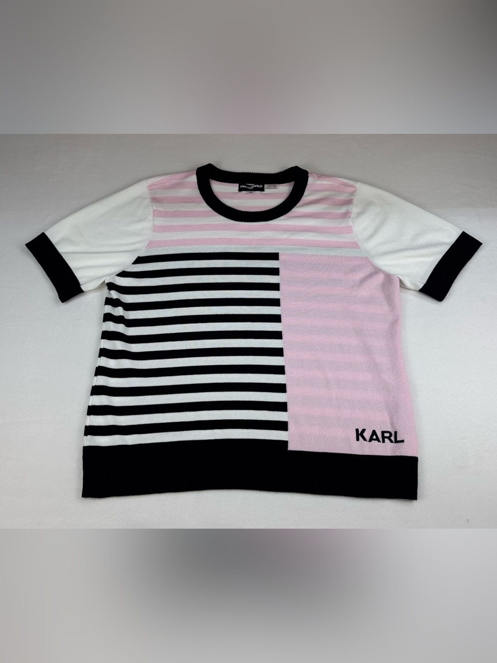 Karl Lagerfeld Kids Pink, Black & White Striped Knit Top